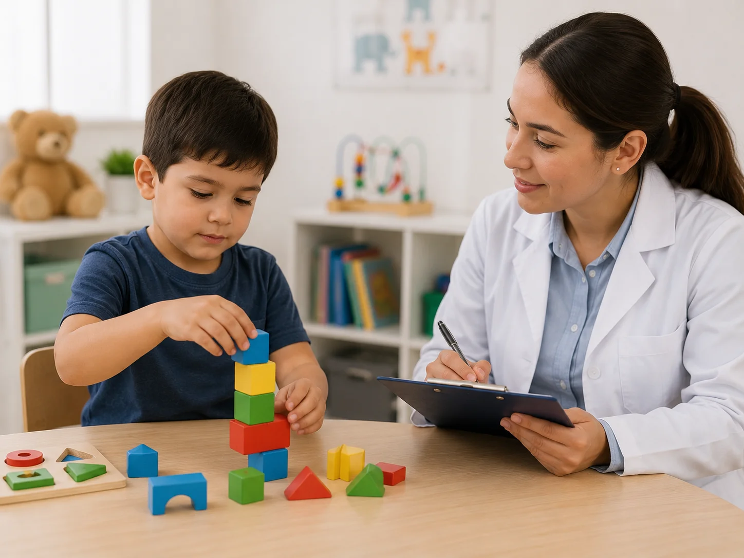 Un niño pequeño interactuando con bloques didácticos de madera para evaluar su motricidad